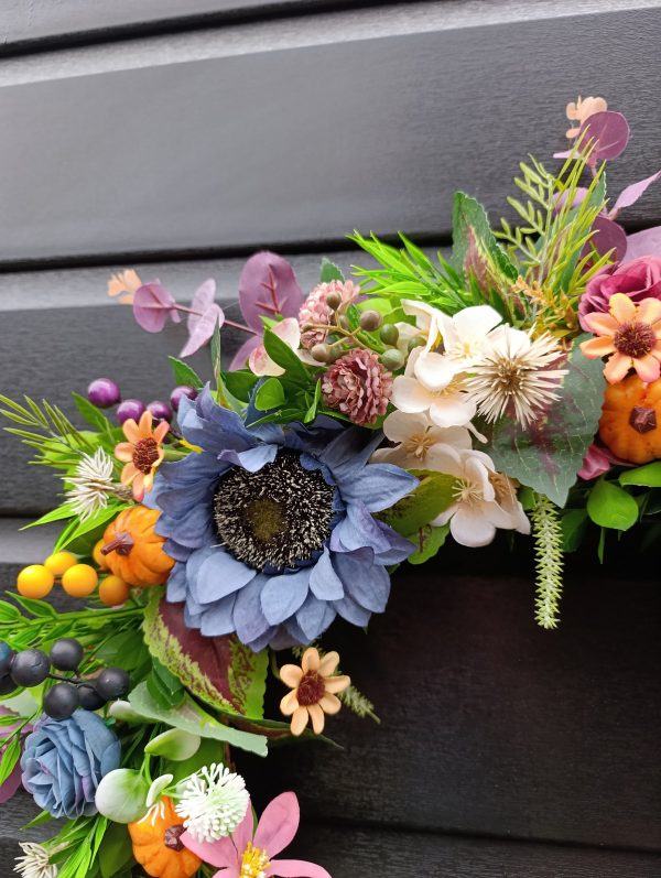 Handmade Autumn Door Wreath with Flowers and Pumpkins - Image 4