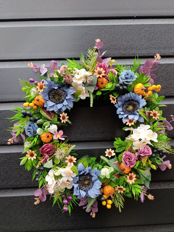Handmade Autumn Door Wreath with Flowers and Pumpkins - Image 7