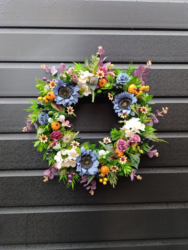 Handmade Autumn Door Wreath with Flowers and Pumpkins - Image 6