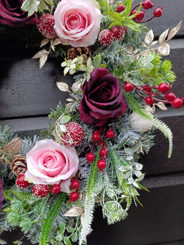 Handmade Frosted Winter Wreath – 50cm | Luxury Burgundy & Gold Christmas Door Decoration - Image 5