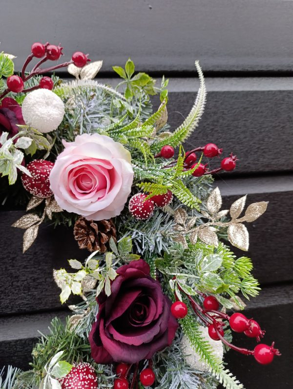 Handmade Frosted Winter Wreath – 50cm | Luxury Burgundy & Gold Christmas Door Decoration - Image 3