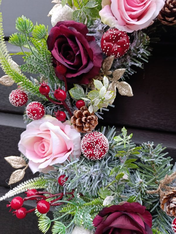 Handmade Frosted Winter Wreath – 50cm | Luxury Burgundy & Gold Christmas Door Decoration - Image 2