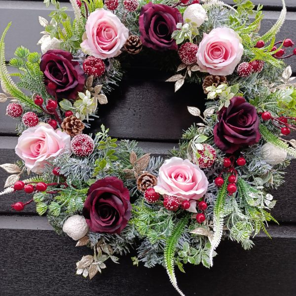 Handmade Frosted Winter Wreath – 50cm | Luxury Burgundy & Gold Christmas Door Decoration