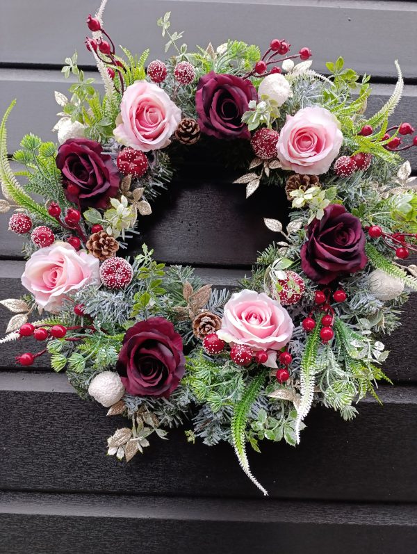 Handmade Frosted Winter Wreath – 50cm | Luxury Burgundy & Gold Christmas Door Decoration
