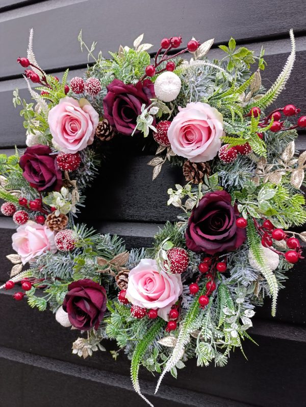 Handmade Frosted Winter Wreath – 50cm | Luxury Burgundy & Gold Christmas Door Decoration - Image 8