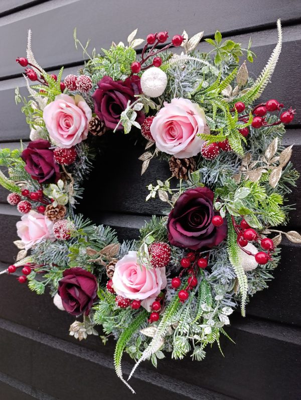 Handmade Frosted Winter Wreath – 50cm | Luxury Burgundy & Gold Christmas Door Decoration - Image 9