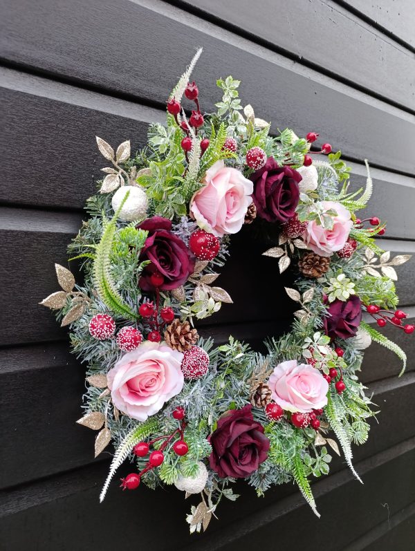 Handmade Frosted Winter Wreath – 50cm | Luxury Burgundy & Gold Christmas Door Decoration - Image 6