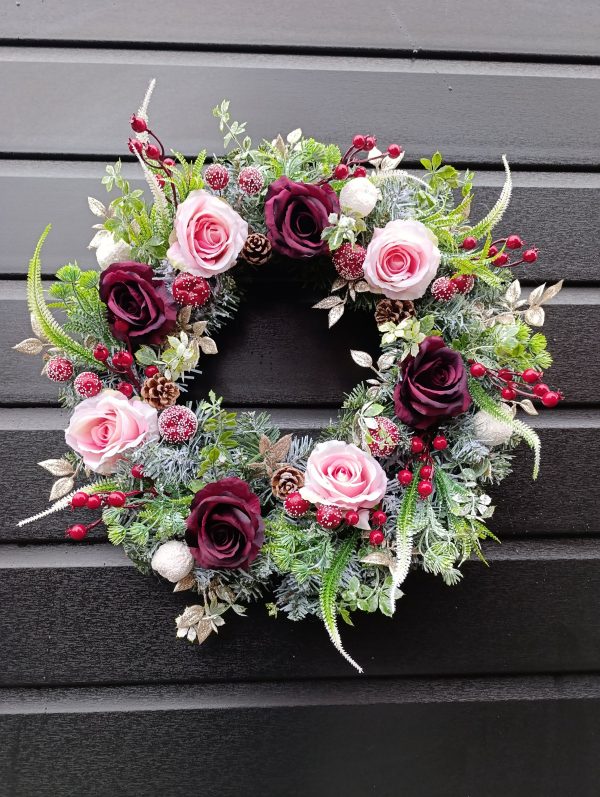 Handmade Frosted Winter Wreath – 50cm | Luxury Burgundy & Gold Christmas Door Decoration - Image 10