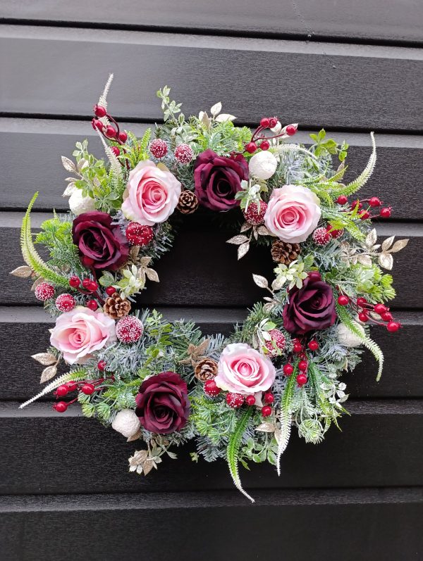 Handmade Frosted Winter Wreath – 50cm | Luxury Burgundy & Gold Christmas Door Decoration - Image 11