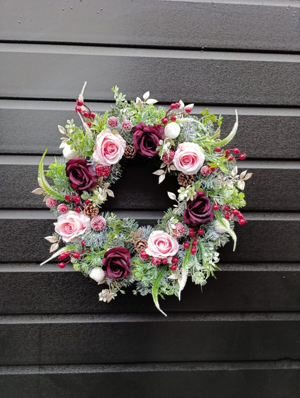Handmade Frosted Winter Wreath – 50cm | Luxury Burgundy & Gold Christmas Door Decoration - Image 7