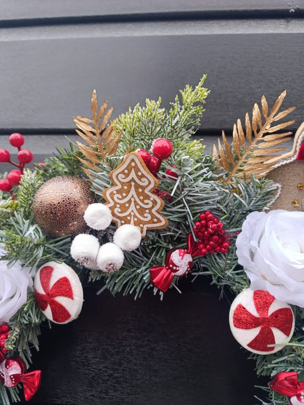 Gingerbread Christmas Wreath 50cm Handmade – Snowy Spruce, White Roses, Gold Foliage, Candy Canes & Gingerbread Men - Image 6