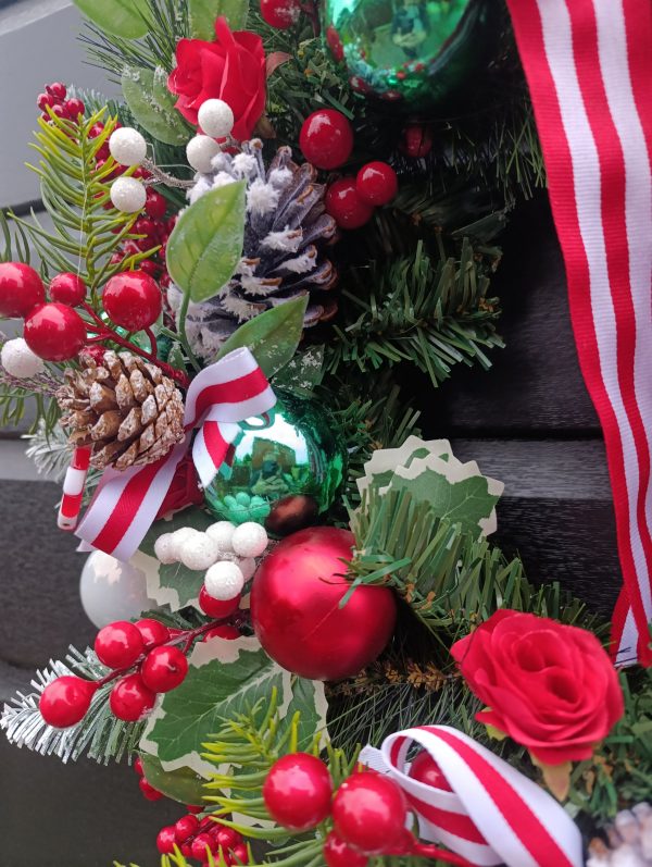 Handmade Festive Christmas Door Wreath – 60 cm, Red, White & Green, Artificial Spruce, Berries & Ribbons - Image 7