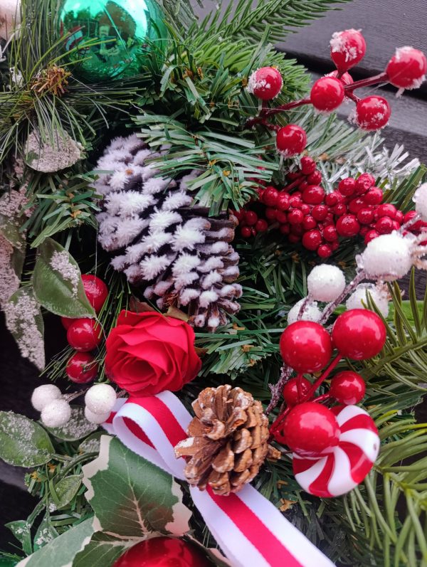 Handmade Festive Christmas Door Wreath – 60 cm, Red, White & Green, Artificial Spruce, Berries & Ribbons - Image 11