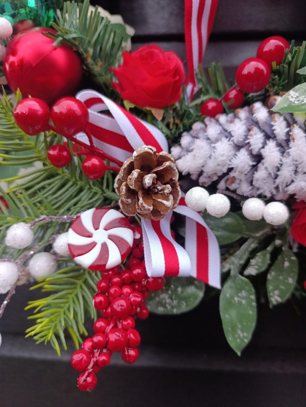 Handmade Festive Christmas Door Wreath – 60 cm, Red, White & Green, Artificial Spruce, Berries & Ribbons - Image 4