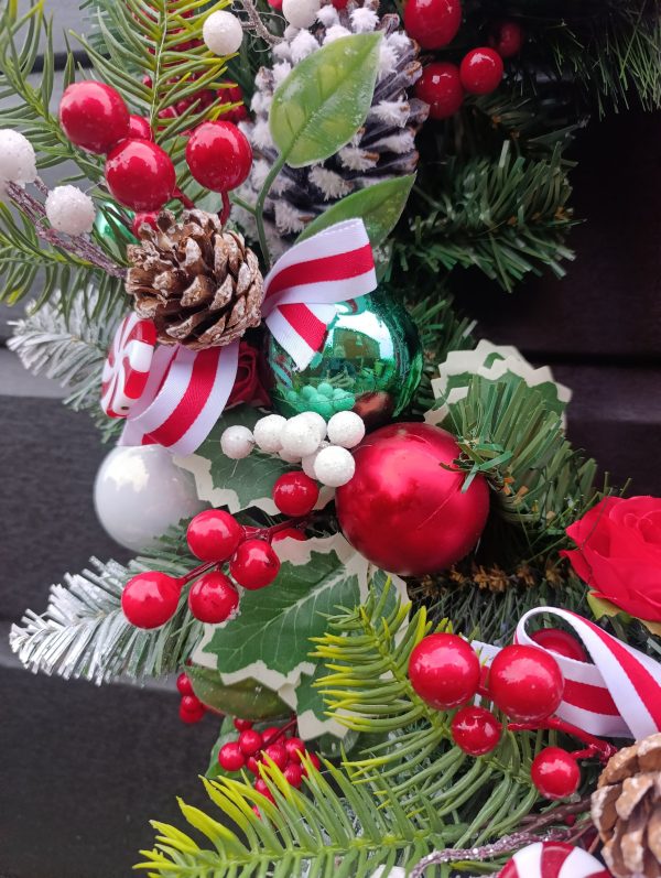 Handmade Festive Christmas Door Wreath – 60 cm, Red, White & Green, Artificial Spruce, Berries & Ribbons - Image 10