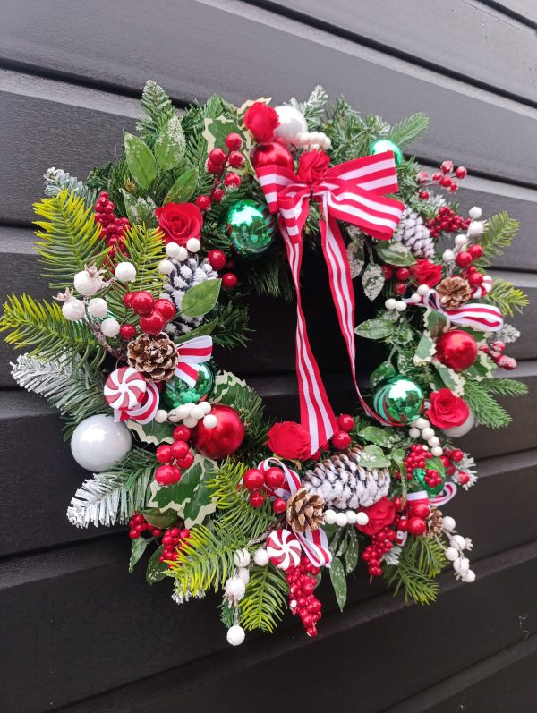 Handmade Festive Christmas Door Wreath – 60 cm, Red, White & Green, Artificial Spruce, Berries & Ribbons