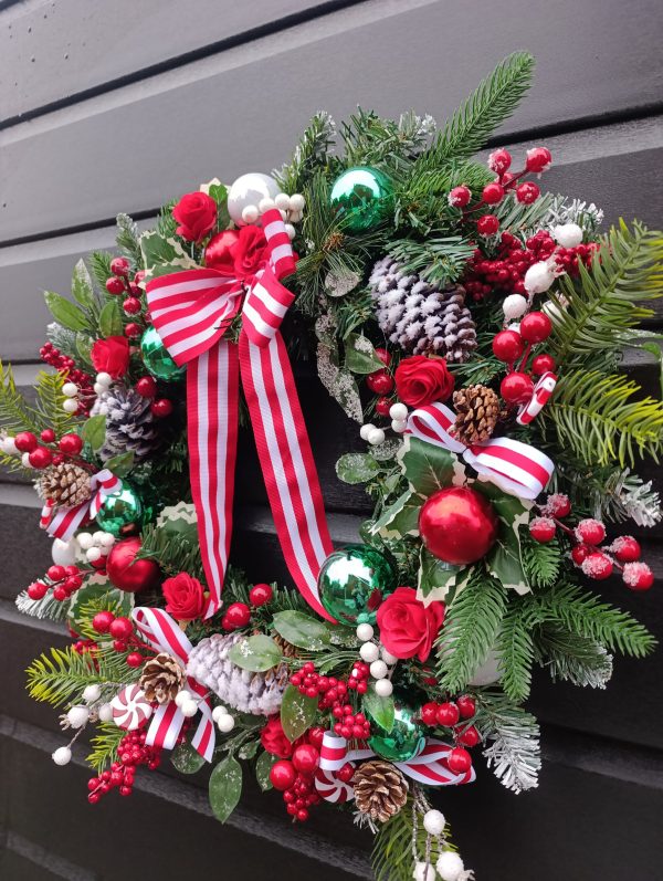 Handmade Festive Christmas Door Wreath – 60 cm, Red, White & Green, Artificial Spruce, Berries & Ribbons - Image 6