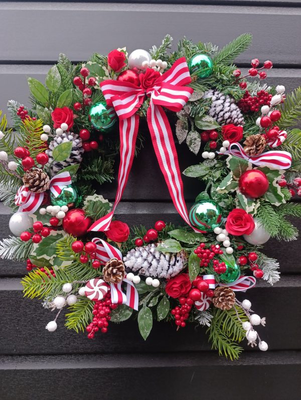 Handmade Festive Christmas Door Wreath – 60 cm, Red, White & Green, Artificial Spruce, Berries & Ribbons - Image 5