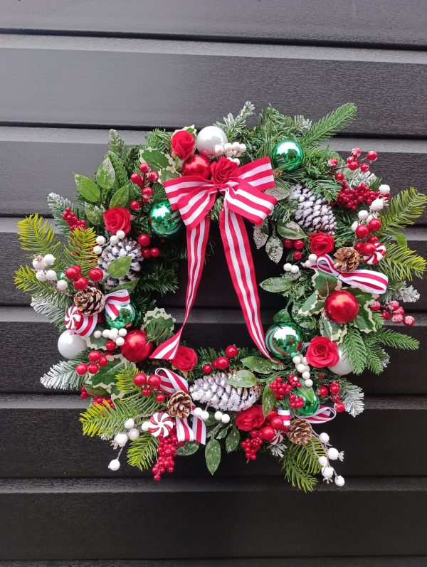 Handmade Festive Christmas Door Wreath – 60 cm, Red, White & Green, Artificial Spruce, Berries & Ribbons - Image 8