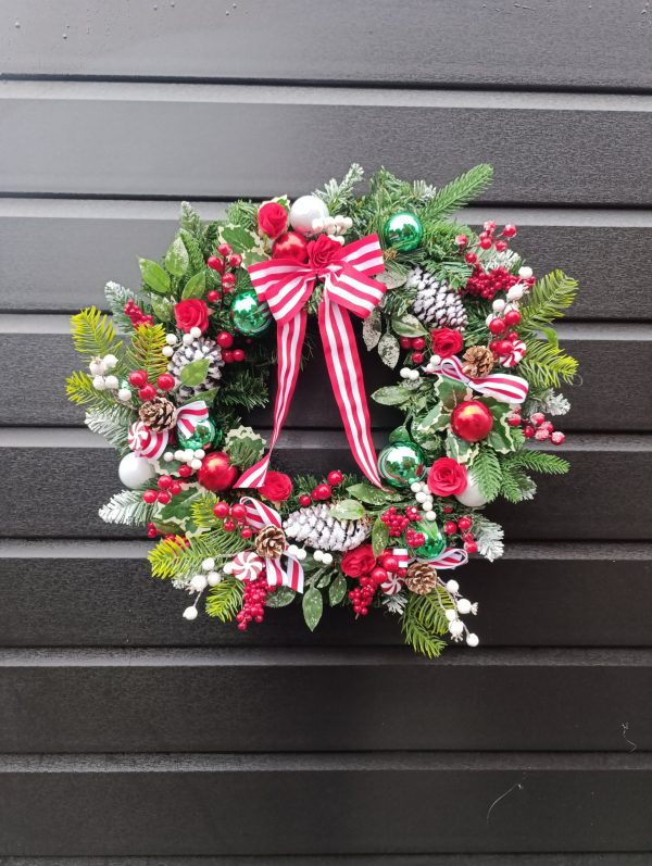 Handmade Festive Christmas Door Wreath – 60 cm, Red, White & Green, Artificial Spruce, Berries & Ribbons - Image 2