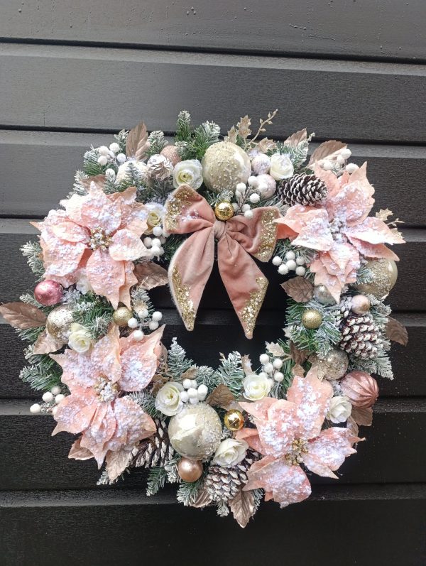 Deluxe Flocked Pink Poinsettia Wreath - 60cm Handmade Elegant Christmas Decor - Image 11