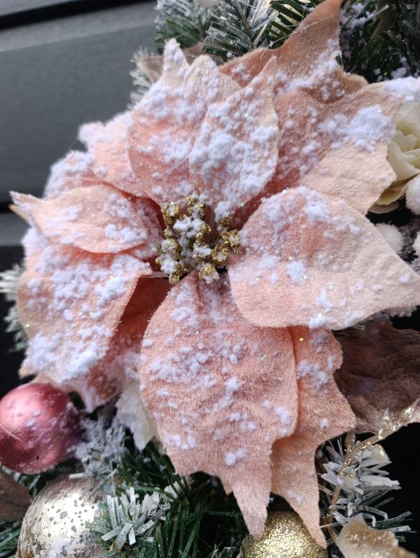 Deluxe Flocked Pink Poinsettia Wreath - 60cm Handmade Elegant Christmas Decor - Image 2