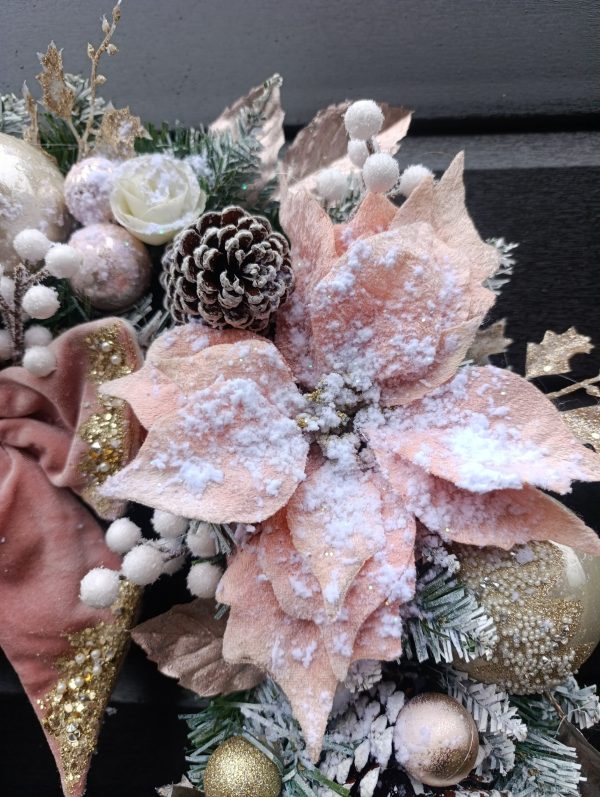 Deluxe Flocked Pink Poinsettia Wreath - 60cm Handmade Elegant Christmas Decor - Image 9