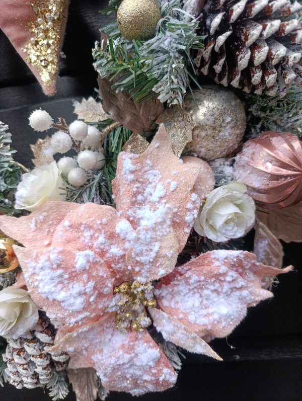 Deluxe Flocked Pink Poinsettia Wreath - 60cm Handmade Elegant Christmas Decor - Image 4