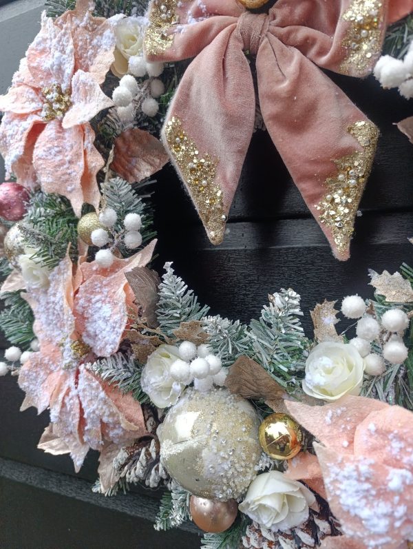Deluxe Flocked Pink Poinsettia Wreath - 60cm Handmade Elegant Christmas Decor - Image 6