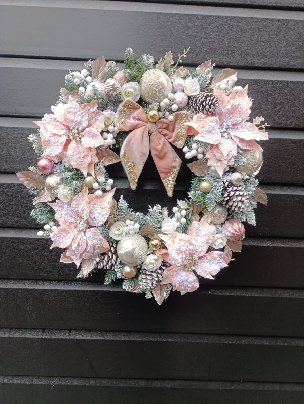 Deluxe Flocked Pink Poinsettia Wreath - 60cm Handmade Elegant Christmas Decor - Image 8