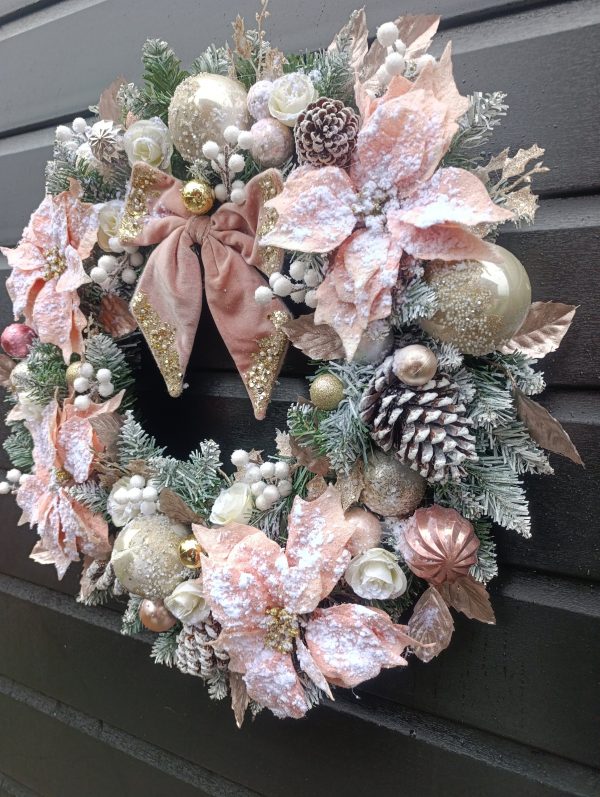 Deluxe Flocked Pink Poinsettia Wreath - 60cm Handmade Elegant Christmas Decor - Image 7
