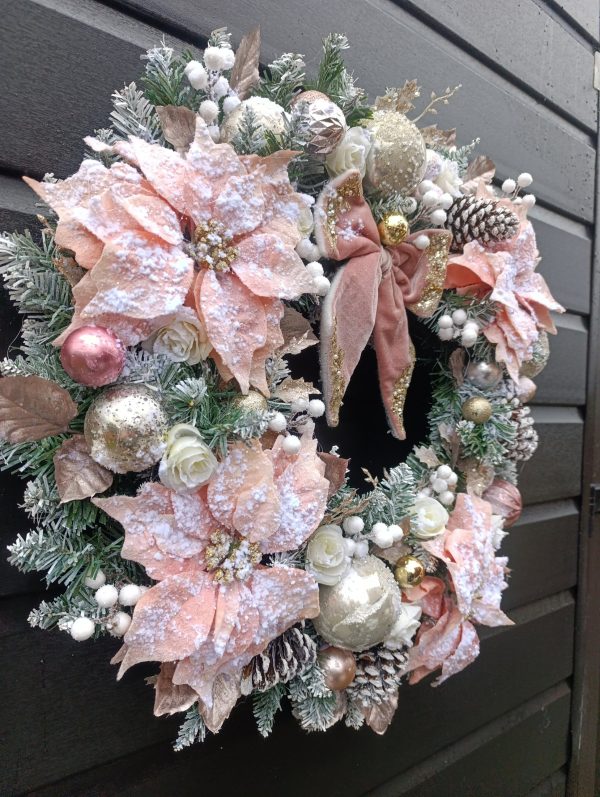 Deluxe Flocked Pink Poinsettia Wreath - 60cm Handmade Elegant Christmas Decor - Image 3