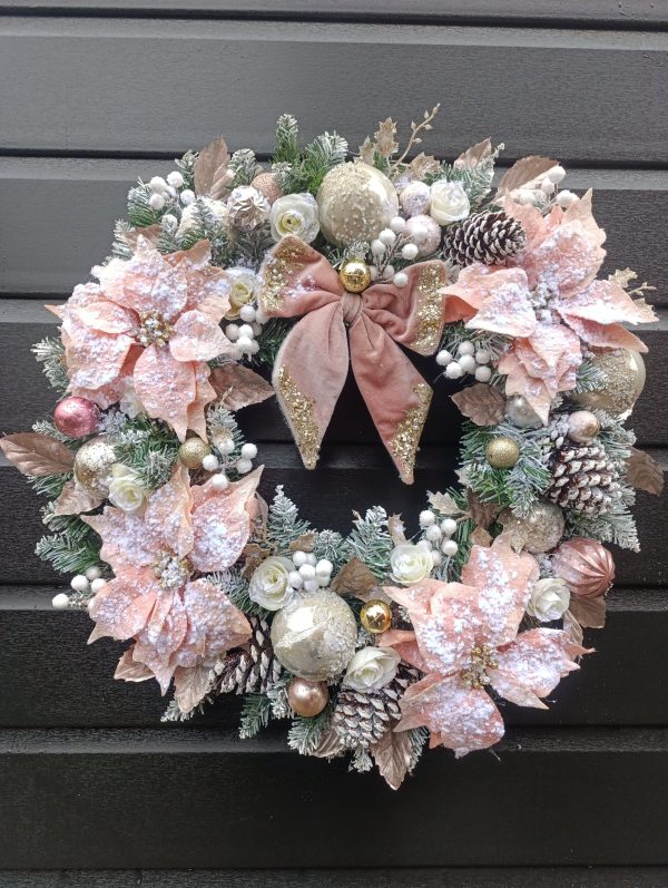 Deluxe Flocked Pink Poinsettia Wreath - 60cm Handmade Elegant Christmas Decor - Image 5