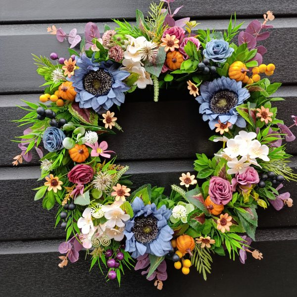 Handmade Autumn Door Wreath with Flowers and Pumpkins