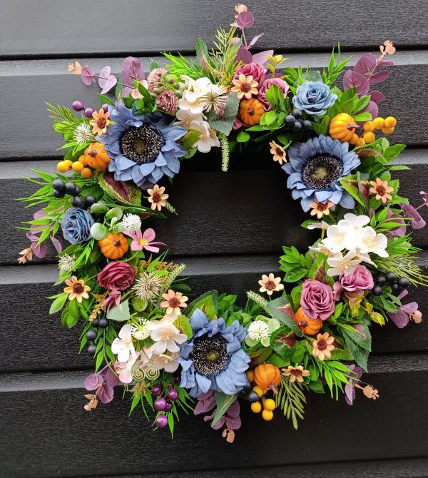 Handmade Autumn Door Wreath with Flowers and Pumpkins