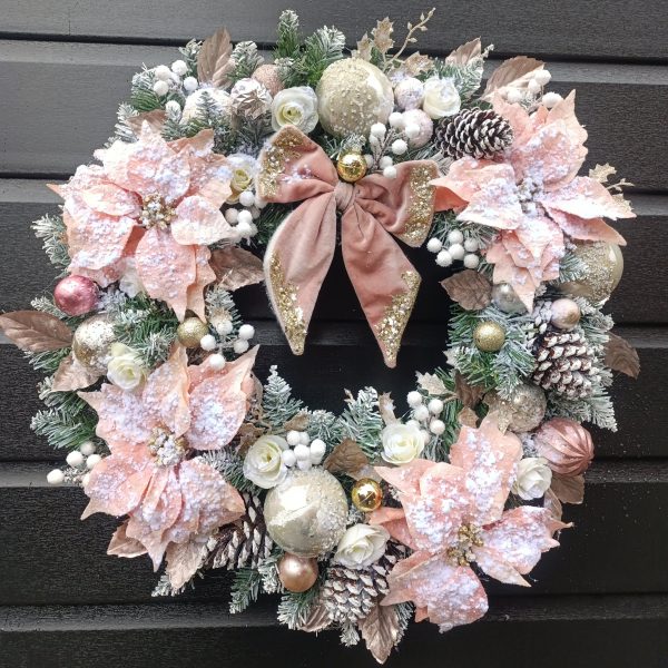 Deluxe Flocked Pink Poinsettia Wreath - 60cm Handmade Elegant Christmas Decor