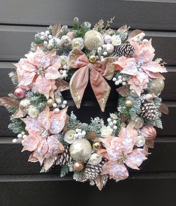 Deluxe Flocked Pink Poinsettia Wreath - 60cm Handmade Elegant Christmas Decor