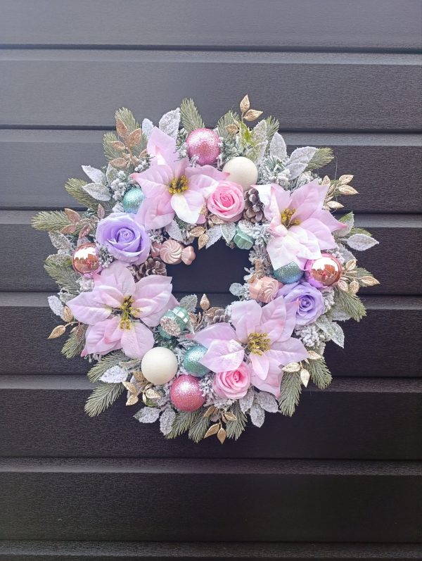 Pink Pastel Christmas Wreath - Handmade 50cm Festive Door Decor with Pink Poinsettias, Baubles and Candy Ornaments - Image 4