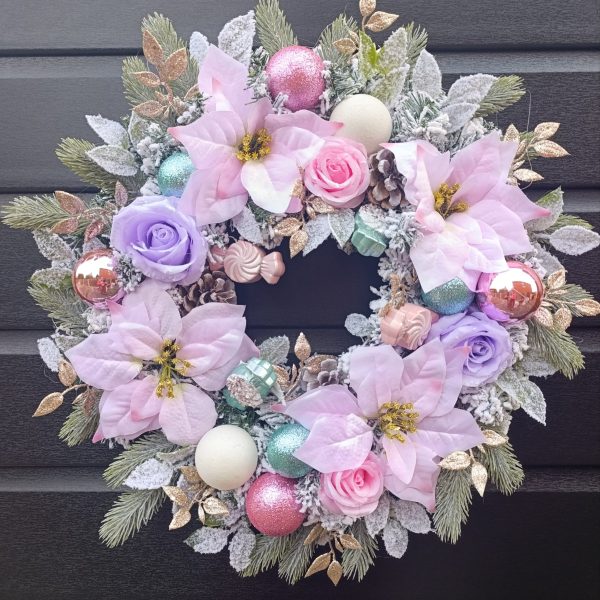 Pink Pastel Christmas Wreath - Handmade 50cm Festive Door Decor with Pink Poinsettias, Baubles and Candy Ornaments