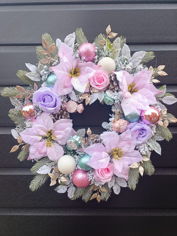Pink Pastel Christmas Wreath - Handmade 50cm Festive Door Decor with Pink Poinsettias, Baubles and Candy Ornaments