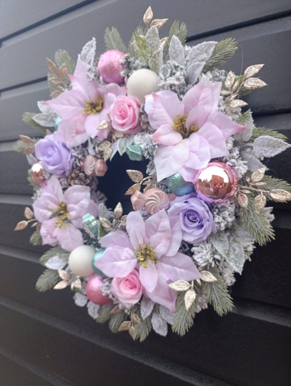 Pink Pastel Christmas Wreath - Handmade 50cm Festive Door Decor with Pink Poinsettias, Baubles and Candy Ornaments - Image 2