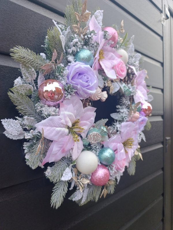 Pink Pastel Christmas Wreath - Handmade 50cm Festive Door Decor with Pink Poinsettias, Baubles and Candy Ornaments - Image 3