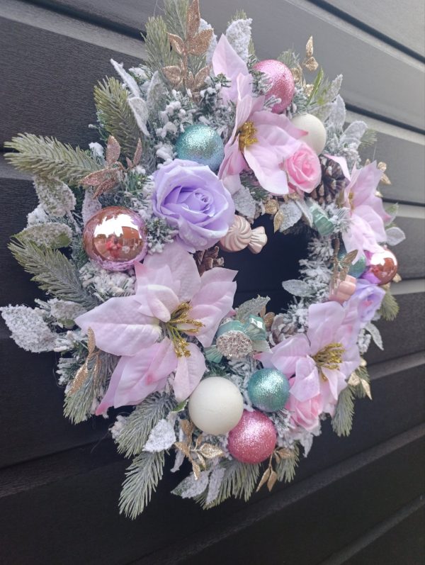 Pink Pastel Christmas Wreath - Handmade 50cm Festive Door Decor with Pink Poinsettias, Baubles and Candy Ornaments - Image 5