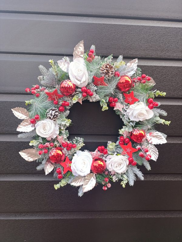 Red, White & Silver Christmas Wreath - Handmade 50cm Traditional Style Wreath with Flowers, Berries & Baubles - Image 3