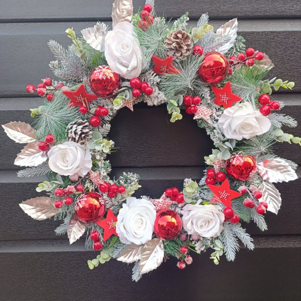 Red, White & Silver Christmas Wreath - Handmade 50cm Traditional Style Wreath with Flowers, Berries & Baubles