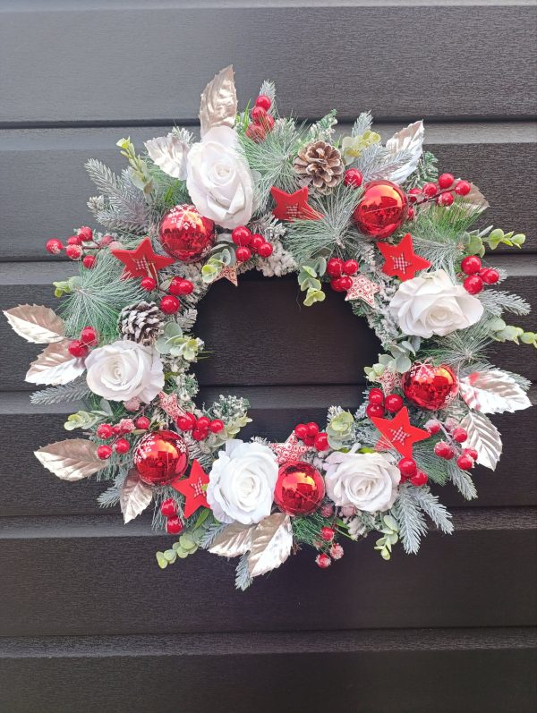 Red, White & Silver Christmas Wreath - Handmade 50cm Traditional Style Wreath with Flowers, Berries & Baubles