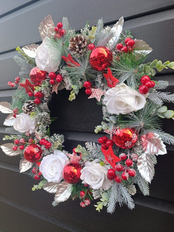Red, White & Silver Christmas Wreath - Handmade 50cm Traditional Style Wreath with Flowers, Berries & Baubles - Image 8