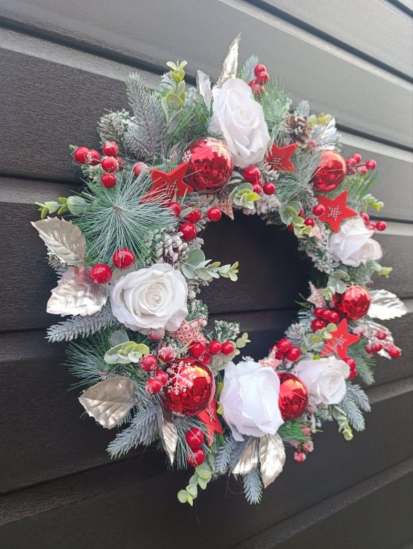 Red, White & Silver Christmas Wreath - Handmade 50cm Traditional Style Wreath with Flowers, Berries & Baubles - Image 5
