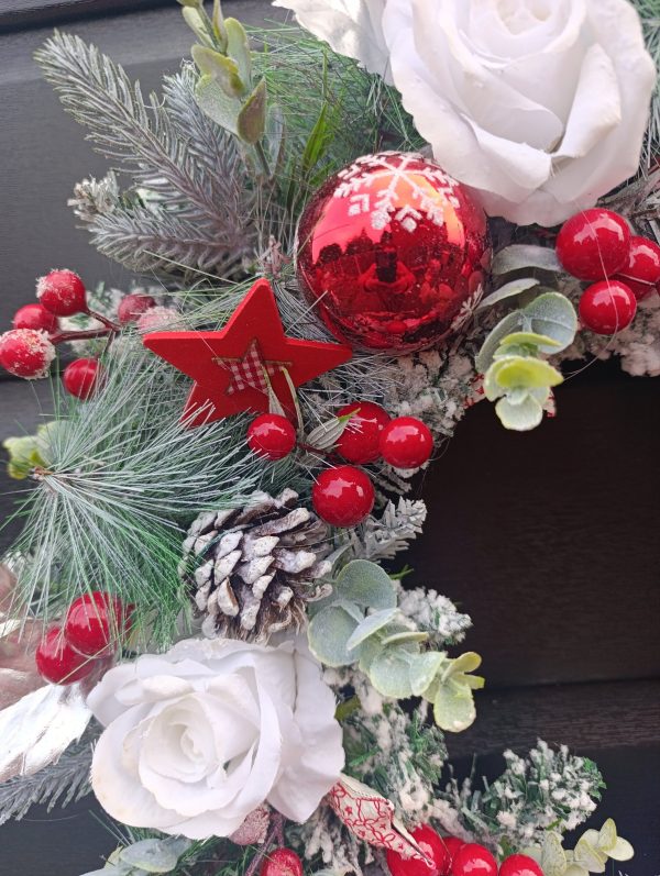 Red, White & Silver Christmas Wreath - Handmade 50cm Traditional Style Wreath with Flowers, Berries & Baubles - Image 2