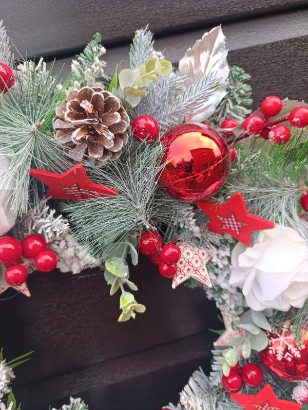 Red, White & Silver Christmas Wreath - Handmade 50cm Traditional Style Wreath with Flowers, Berries & Baubles - Image 7